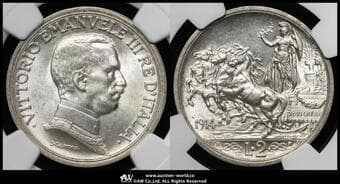 ITALY Kingdom 統一王国(1861~1946) 2Lire 1914R KM-55 ヴィットリオ・エマニュエル3世/クァドリガ...