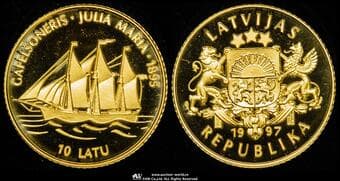 LATVIA ラトビア 10Latu 1997 Fr-21a KM-42 帆船ユリア・マリア号 (1.24g 99.9%) Proof