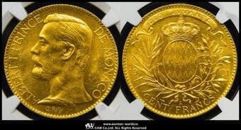 MONACO モナコ 100Francs 1901A Fr-13 Gad-MC124 KM-105 アルベール1世 パリ 製造15000枚(32.25g 90%) ...