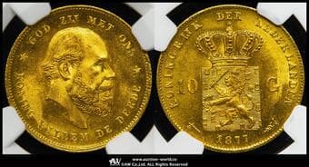 NETHERLANDS Kingdom 王国 10Gulden 1877 Fr-342 KM-106 ウィレム3世 老年像(6.73g 90.0%) NGC-MS66...