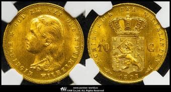 NETHERLANDS Kingdom 王国 10Gulden 1897 Fr-347 KM-118 ウィルヘルミナ 少女像 (6.73g 90.0%) NGC-MS65...