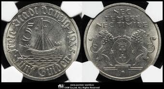 POLAND Danzig ダンツィヒ 5Gulden 1935 KM-158 星と帆船 白銅貨 NGC-MS65 UNC~FDC