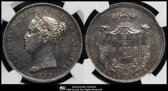 PORTUGAL ポルトガル 1000Reis 1837 Dav-265 KM-472 マリア2世 製造2295枚 NGC-AU58 EF+