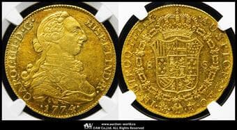 SPAIN スペイン 8Escudos 1774M-PJ Fr-282 KM-409.1 カルロス3世 マドリード NGC-AU53 EF