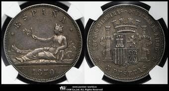SPAIN スペイン 5Pesetas 1870(70)SN-M Dav-336 KM-655 女神座像 革命政府 NGC-XF45 トーン VF+