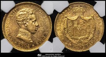 SPAIN スペイン 20Pesetas 1904(04)SM-V Fr-349 KM-724 アルフォンソ13世 青年像 製造3,814枚...