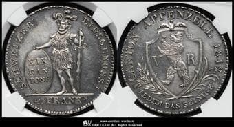 SWITZERLAND Appenzell アッペンツェル 4Franken 1812 Dav-360 KM-9 騎士立像 製造2357枚 NGC-MS61 AU+