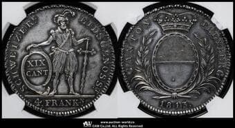 SWITZERLAND Freiburg フリブール 4Franken 1813 Dav-363 KM-79 騎士立像 製造2429枚 NGC-AU Details"Cleaned" AU