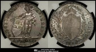 SWITZERLAND Ticino ティッチーノ 4Franchi 1814 Dav-367 KM-6 騎士立像 星なし w/o Star 製造7921枚...