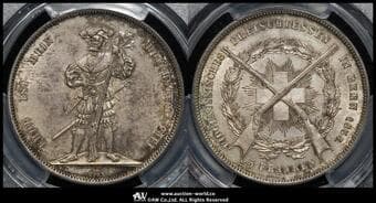 SWITZERLAND Shooting Festival 射撃祭 5Francs 1857 Dav-378 KM-S4 R-181a ベルン 製造5,191枚 PCGS-MS63 UNC