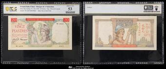 FRENCH INDO-CHINA フランス領インドシナ Banque de l'Indo-Chine 20Piastres 1949 P-81a PCGS-AU53"pinholes"...