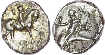 Coins Calabria, Tarentum, AR Nomos, c. 272-240 BC, 6.53g. Nude youth riding horse walking right, raising his right...