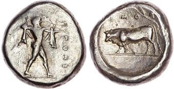 Coins Lucania, Poseidonia (c. 445-420 BC) AR Nomos, 7.62g. Poseidon advancing right, holding trident. Rev. Bull...