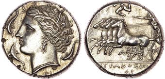 Ancient Coins Sicily, Syracuse, Agathokles (317-289 BC) AR Tetradrachm, 17.19g. Wreathed head of Arethusa left, three...