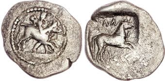 Coins Thessaly, Larissa (c. 350-325 BC) AR Drachm, 5.33g. Hero Thessalos restraining bull right. Rev. ΛΑR-I...