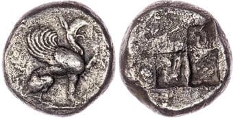 Coins Ionia, Teos (c. 510-500 BC) Silver Stater, 11.70g. Griffin seated right, raising paw. Rev. Quadrapartite incuse...