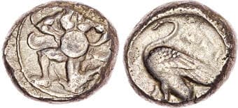 Coins Cilicia, Mallos (c. 400-390 BC) AR Stater, 11.07g. Winged, bearded figure in running stance left, holding disc....