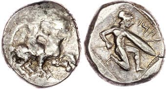 Coins Cilicia, Tarsos (c. 410 385 BC) Silver Stater, 10.58g. Horseman right, holding spear and round shield. Rev....
