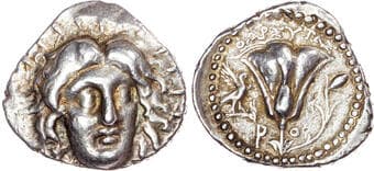 Coins Islands off Caria, Rhodes (c. 229-205 BC) AR Tetradrachm, 13.58g. Radiate head of Helios facing slightly to the...