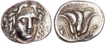 Coins Islands off Caria, Rhodes, AR Didrachm, c. 316-305 BC, 6.72g. Bare head of Helios slightly facing right. Rev....
