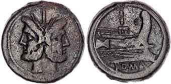 Coins Anonymous (c. 211-206 BC) AE As, Rome, 28.11g. Laureate and bearded head of Janus. Rev. ROMA, ship's prow right....