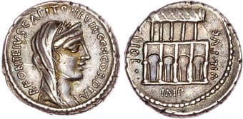 Coins P. Fonteius P. f. Capito (55 BC) AR Denarius, Rome, 3.98g. P•FONTEIVS•CAPITO•III• VIR•CONCORDIA,...