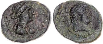 Coins Cleopatra VII and Mark Antony (32-31 BC) Æ22, Chalkis, 10.04g. BACIΛICCHC KΛЄOΠATPAC, diademed and draped...