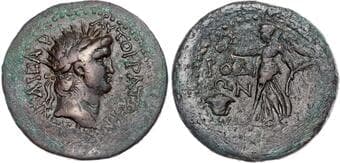 Coins Nero (AD 54-68) AE Unit, Rodes, 23.79g. KAICAP AYTOKPATΩP NEPΩN, radiate head of Nero right. Rev. POΔIΩN,...