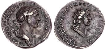 Coins Trajan (AD 98-117) AR Denarius, Rome, 3.03g. Laureate and draped bust of Trajan right. Rev. Mars advancing...