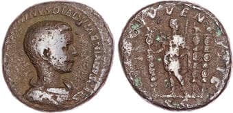 Coins Diadumenian as Caesar (AD 217-218) AE As, Rome, 10.00g. Bare head of Diadumenian right. Rev. Diadumenian...
