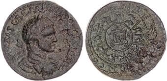 Coins Elagabalus (AD 218-222) AE Octassarion, 17.13g. IMP CAESAR M A ΑNTONINV AV, laureate, draped and cuirassed...