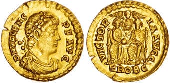 Ancient Coins Valens (AD 364-378) AV Solidus, Trier, AD 375-378, 4.47g. DN VALENS P F AVG, pearl-diademed, draped, and...