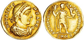 Ancient Coins Valens (AD 364-378) AV Solidus, Nicomedia, 9th Officina, AD 364-367, 3.86g. DN VALENS P F AVG,...