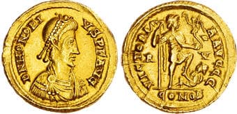 Ancient Coins Honorius (AD 393-423) AV Solidus, Ravenna, AD 402-403, 4.45g. DN HONORI-VS P F AVG, pearl-diademed,...