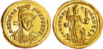 Coins Theodosius II (AD 402-450) AV Soldius, Constantinople, AD 408-420, 4.47g. DN THEODO-SIVS P F AVG, diademed,...