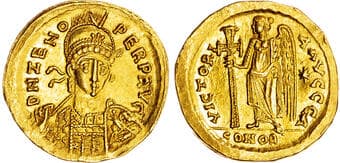 Ancient Coins Zeno (AD 476-491) AV Solidus, Constantinople, 4.23g. DN ZENO PERP AVG, helmeted and cuirassed bust of...