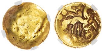 Ancient Coins Imported Coinages, Suessiones (c. mid 1st Century BC) AV Stater, 5.89g. Blank mound. Rev: Stylised...