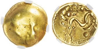 Ancient Coins Imported Coinages, Ambiani (c. 60-50 BC) AV Stater, 6.18g. Blank mound. Rev: Stylised horse right,...