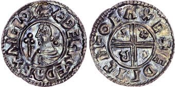 British Coins Aethelred II (978-1016), AR Penny, Crux type (c. 991-997), Exeter mint, Edric as moneyer. AEDELRED REX...