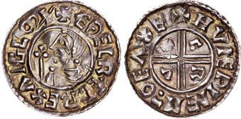 British Coins Aethelred II (978-1016), AR Penny, Crux type (c. 991-997), Exeter mint, Hunewine as moneyer. AEDELRED...