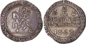 British Coins Charles I (1625-1649), AR Crown, 1642, Civil War Issues, Shrewsbury mint, mm. none. King on horseback...
