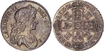 British Coins Charles II (1660‐1685), AR Crown, 1679 T. PRIMO. Laureate bust right, Rev. Crowned cruciform shields,...
