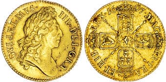 British Coins William III (1694-1702), AV Guinea, 1697. Laureate bust right, Rev. Crowned cruciform shields, lion of...