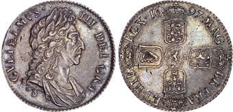 British Coins William III (1694-1702), AR Shilling, 1697. Laureate third bust right, Rev. Crowned cruciform shields,...