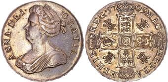 British Coins Anne (1702‐1714), AR Crown, 1705 QVINTO, Pre Union. Draped bust left, Rev. Crowned cruciform shields,...