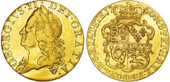 British Coins George II (1727-1760), AV Guinea, 1760/59. Old laureate head left, Rev. Crowned and garnished shield of...