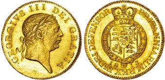 British Coins George III (1760-1820), AV 'Military' Guinea, 1813 Sixth laureate head right, Rev. Crowned square-topped...