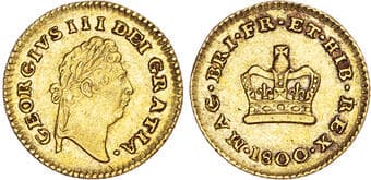 British Coins George III (1760-1820), AV Third Guinea, 1800. Laureate head right, Rev. Crown, 2.79g/12h. (Bull 870;...