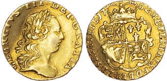 British Coins George III (1760-1820), AV Quarter Guinea, 1762. Laureate head right, Rev. Crowned and garnished shield,...