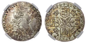 British Coins George III (1760-1820), AR Shilling, 1787, with semée of hearts. NGC MS 63 Laureate and draped bust...